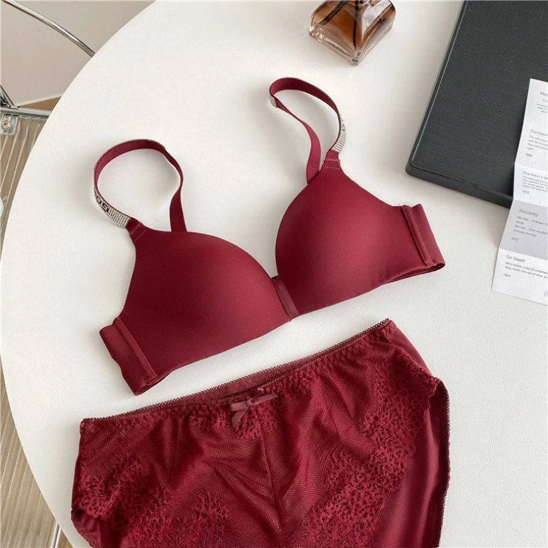 Hot Sale Sexy Letter Rhinestone Strap Bra Set Seamless Thin Summer Light Push Up Anti Sagging Comfortable Women Lingerie Set