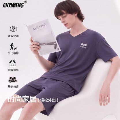 Men's Cool Modal Pajama Set - Short Sleeve Crewneck Stretch Draped Breathable L-3XL Asian Sizing Summer Loungewear for Student