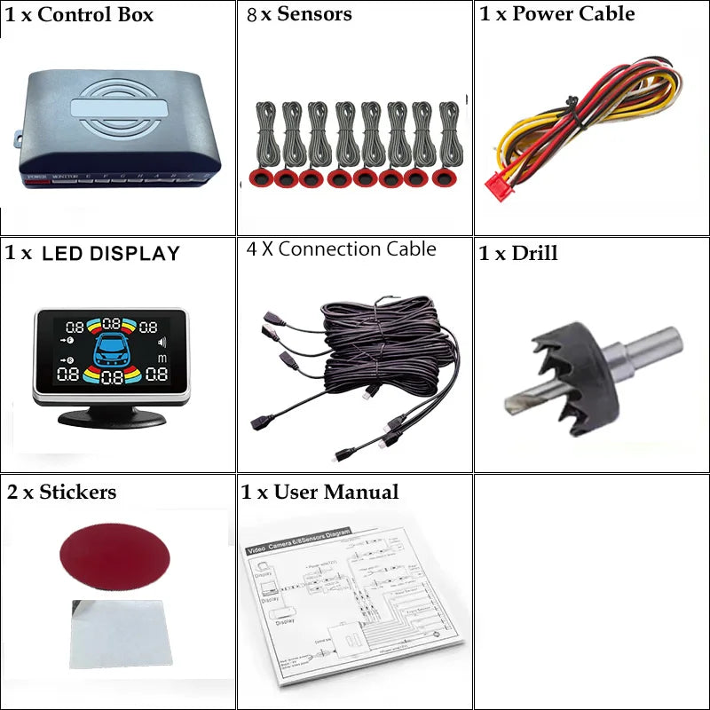 12V 16.5mm Parking Sensor Kit 6/8 Sensor Buzzer Reverse Radar Sound Alarm Indicator Probe System
