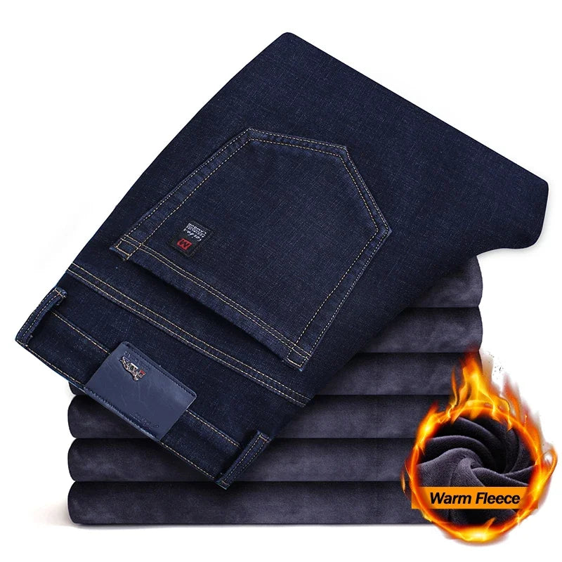 2025 Winter Warm Men's Jeans Fleece Thickened Elastic Straight Business Casual Denim Pants Plush Velvet Comfortable Trousers