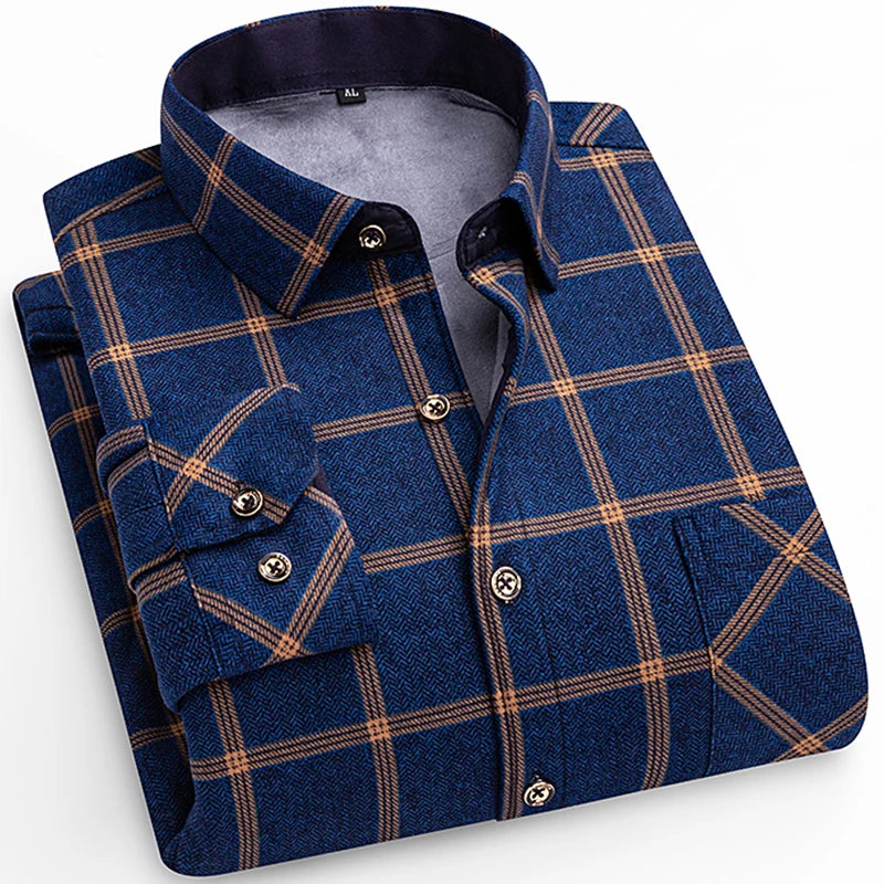 Winter Warm Shirt For Man Thickened Flannel Plaid Casual Menswear Long Sleeve Plus Fleece Big Size Regular Fit Smart Dress Shirt