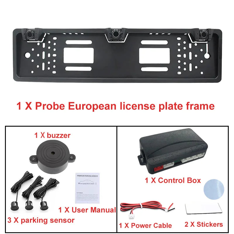 European License Plate Holder 3 Sensors Parking Radar Buzzer Alarm 12V Waterproof Auto Reversing Safety Accessory