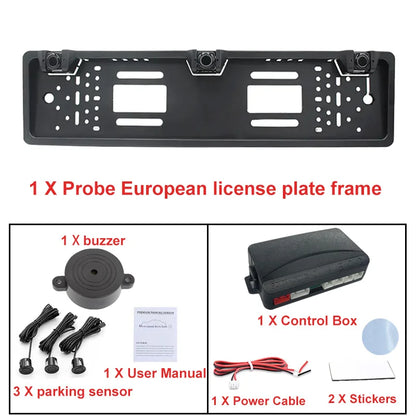 European License Plate Holder 3 Sensors Parking Radar Buzzer Alarm 12V Waterproof Auto Reversing Safety Accessory
