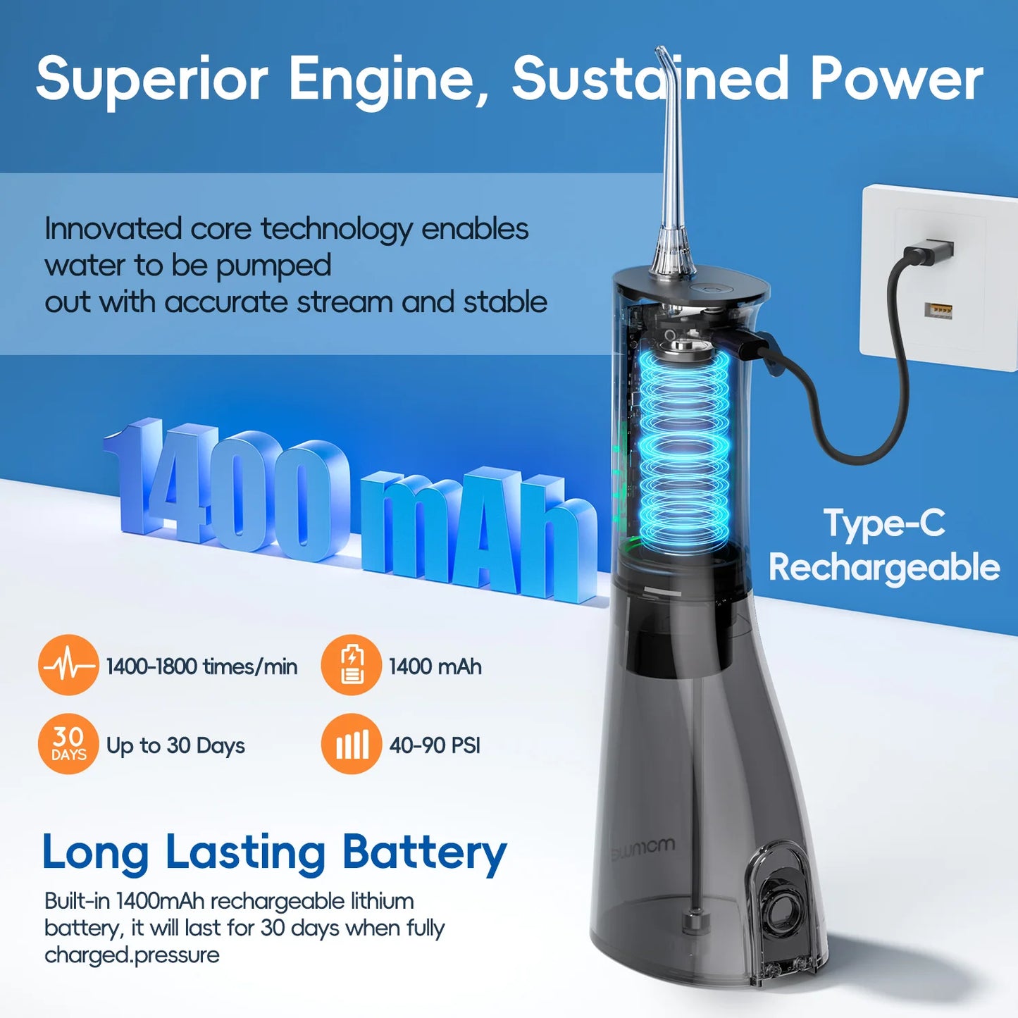 F29 Portable Oral Water Flosser USB Rechargeable Oral Water Jet Waterproof Pick Flosser 300ML Water Tank