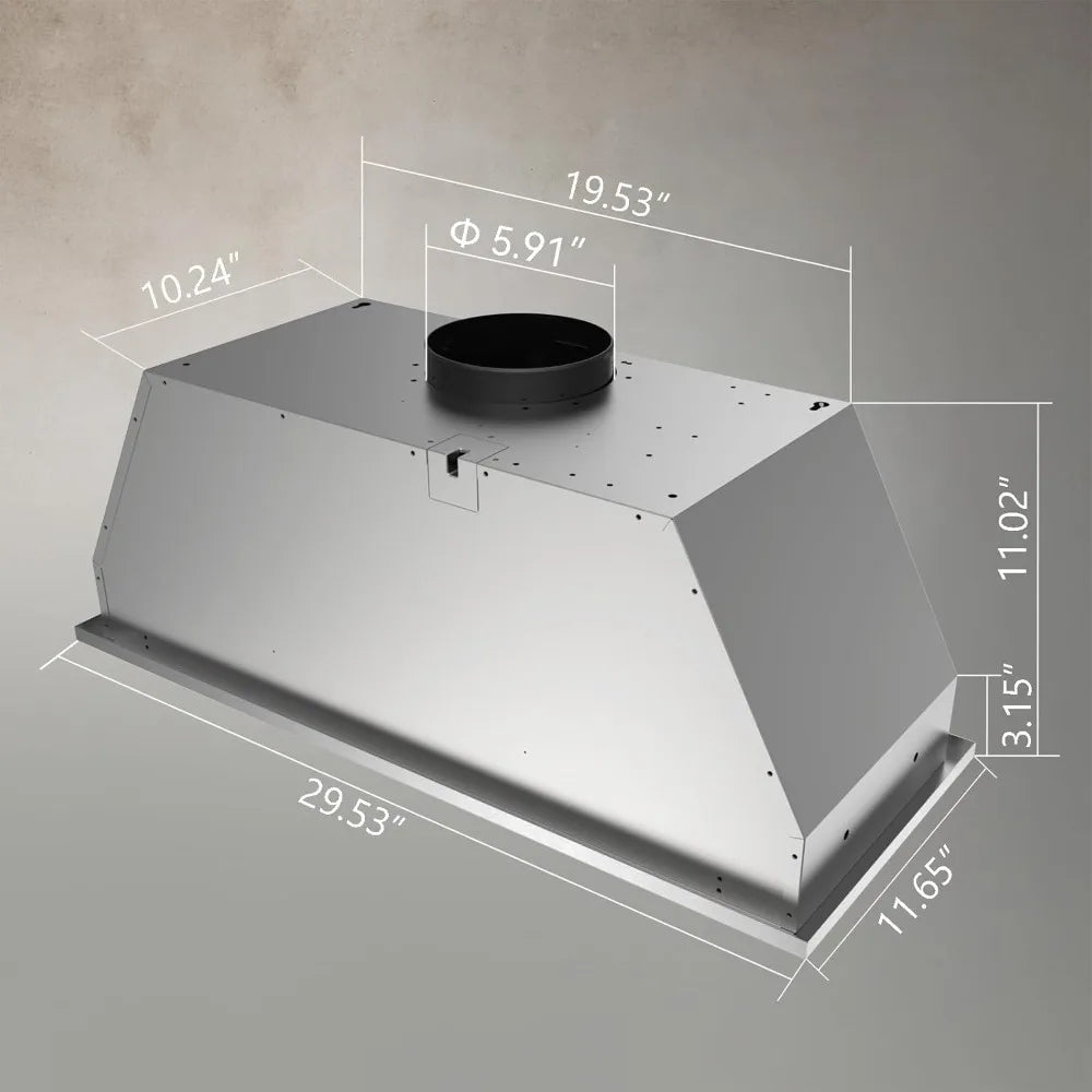 30 inch Built-in Range Hood, 600 CFM, 3 Speed, Ducted/Ductless, Stainless Steel with LED Light and Baffle Filters