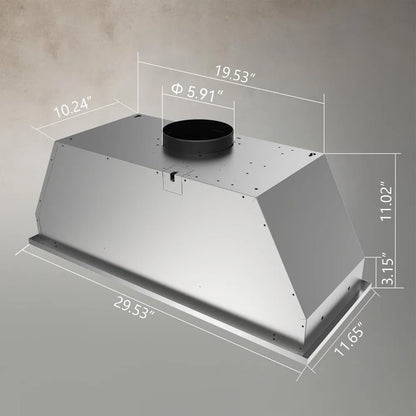 30 inch Built-in Range Hood, 600 CFM, 3 Speed, Ducted/Ductless, Stainless Steel with LED Light and Baffle Filters