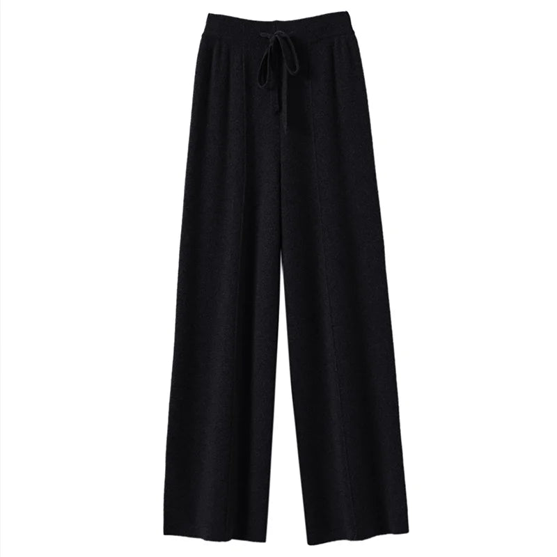 High Waist Knitted Wide Leg Pants Women's Autumn Winter Extended Floor Length Drawstring Straight Casual Loose Slimming