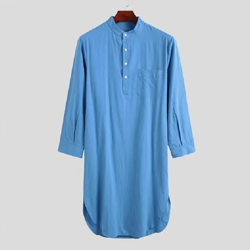 Blue Color Long Sleeved Muslim Long Shirt for Men Solid Cotton Linen Robes Muslim Fashion Arabia Man abaya