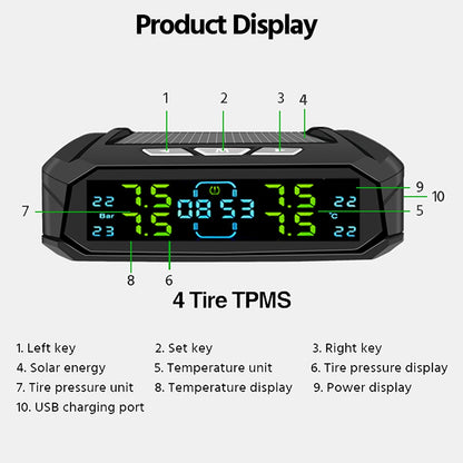 E-ACE Solar TPMS Car Tire Pressure Monitoring System Digital Clock Wireless Alarm Sensor 0-116psi Auto Safety for Cars Trucks