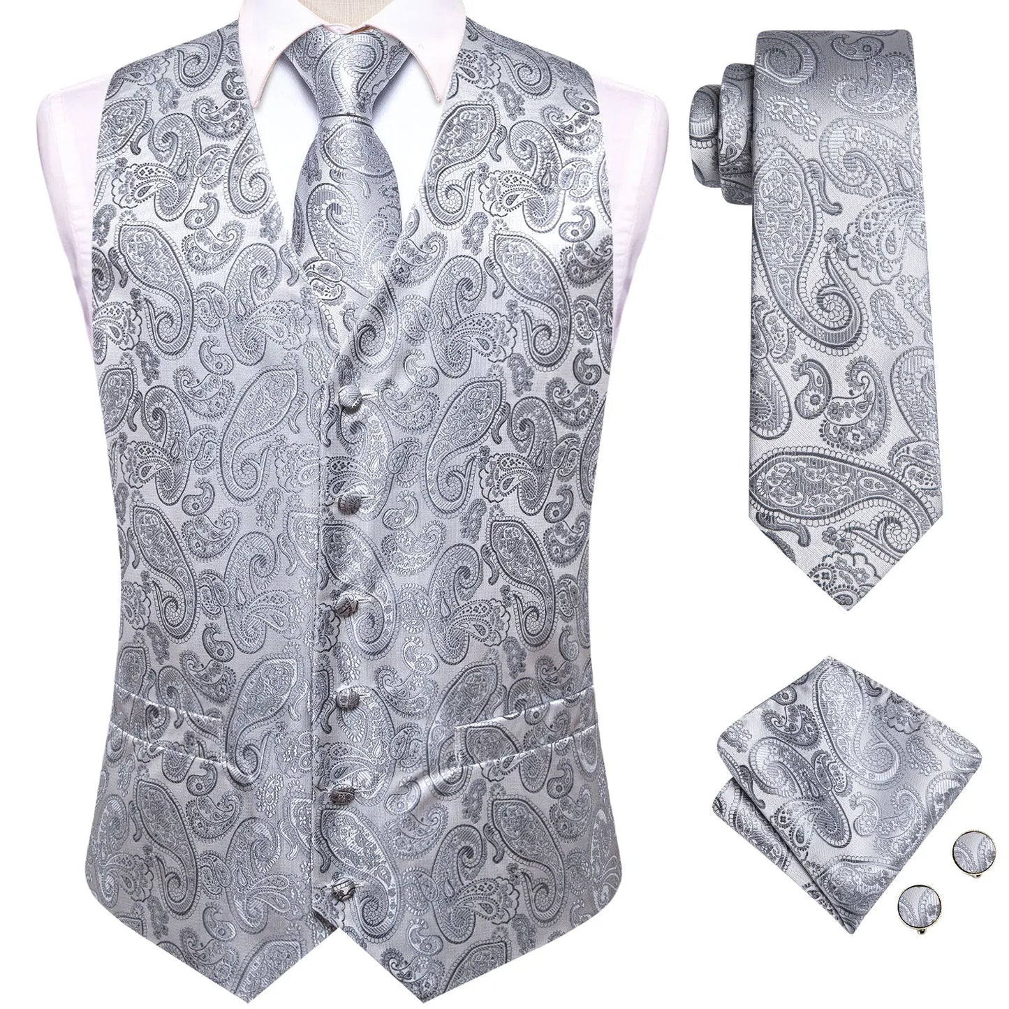 4Pcs Men Formal V-Neck Vest Kit Waistcoat Tie Handkerchief & Cufflinks for Occasions
