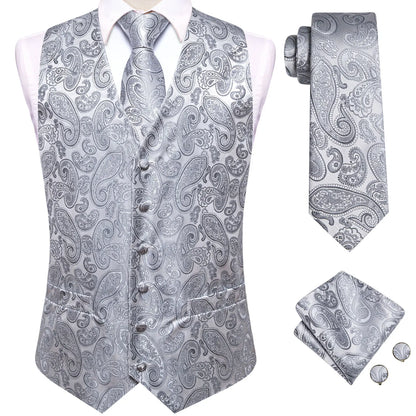 4Pcs Men Formal V-Neck Vest Kit Waistcoat Tie Handkerchief & Cufflinks for Occasions