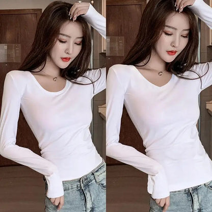 Women's Slim Fit Long Sleeve round Neck T-Shirt Base Layer Shirt Inner And Outer Wear Autumn Style Commute Korean Version