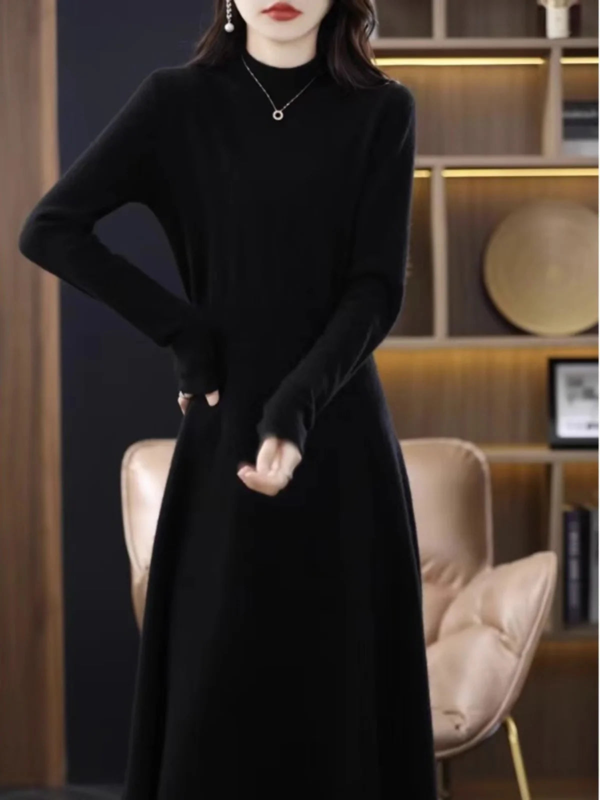 Women's Wool Knitted Mid-Length A-Line Dress Half High Collar Cashmere Base Dress Korean Style Commute Pure Color Winter Fashion