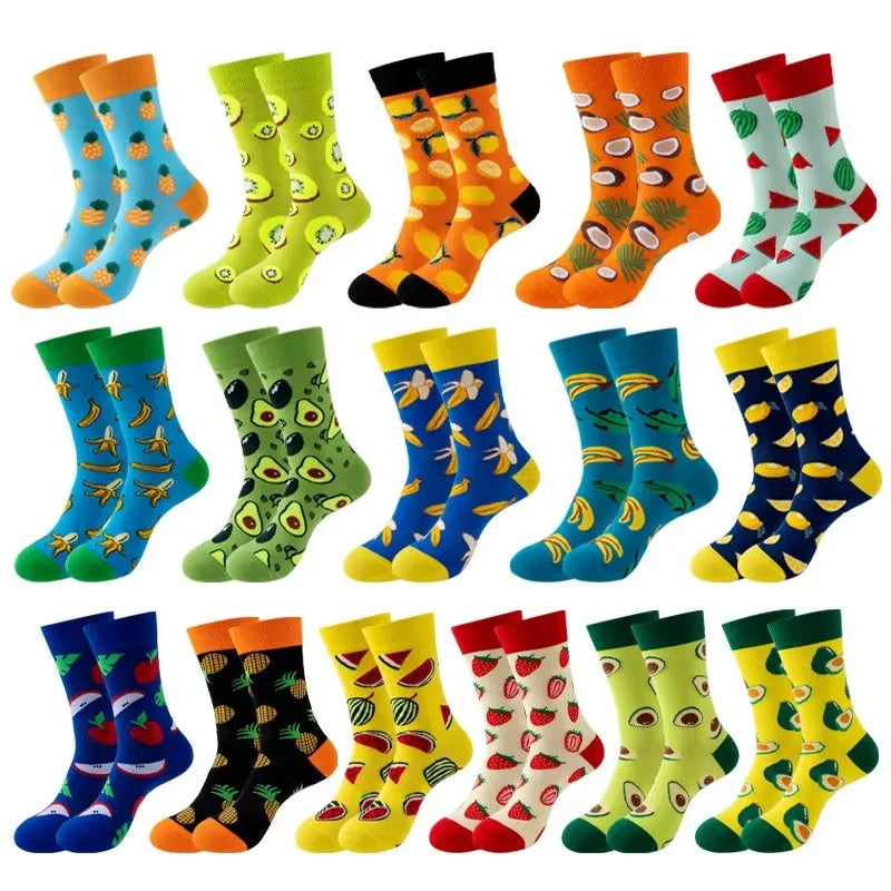 5 Pairs Fruit Print Socks Mid-Calf Funny Food Design Pineapple Watermelon Cotton Socks for Men Women Couple EU 37-45 US 6-12