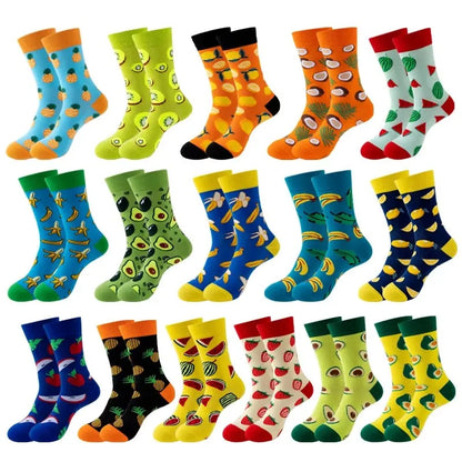 5 Pairs Fruit Print Socks Mid-Calf Funny Food Design Pineapple Watermelon Cotton Socks for Men Women Couple EU 37-45 US 6-12