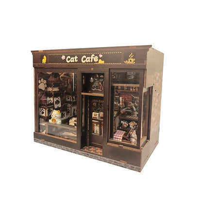 Cat Cafe Wooden Book Nook 3D Wooden Puzzle DIY Handmade Miniature Model Assembly Toy Craft Kit For Adults Teens With Led Light