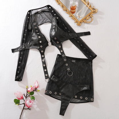 2025 Sexy Hottie Bra Set Punk Style Studded Party Fashion Club Rave Costume Erotic Lingerie Wrap Skirt four-piece Set