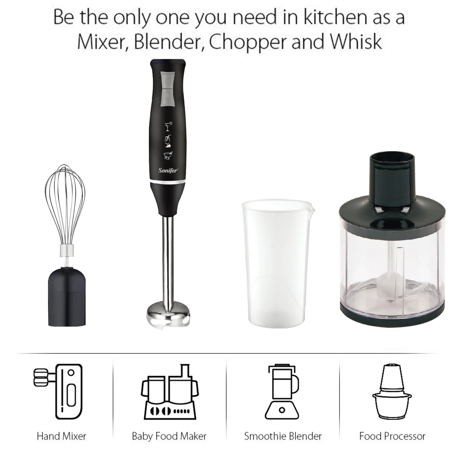 3 in 1 Immersion Blender Hand Food Mixer Includes Chopper and 700ml Smoothie Cup Stainless Steel Ice Blades Whisk Sonifer