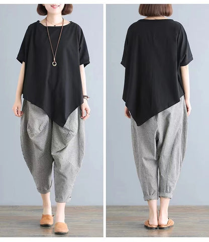 Cotton Blend Loose Fit Casual Women's T-irt And Harlan Pants Set Single Piece Summer Faion Ensemble for plus Size