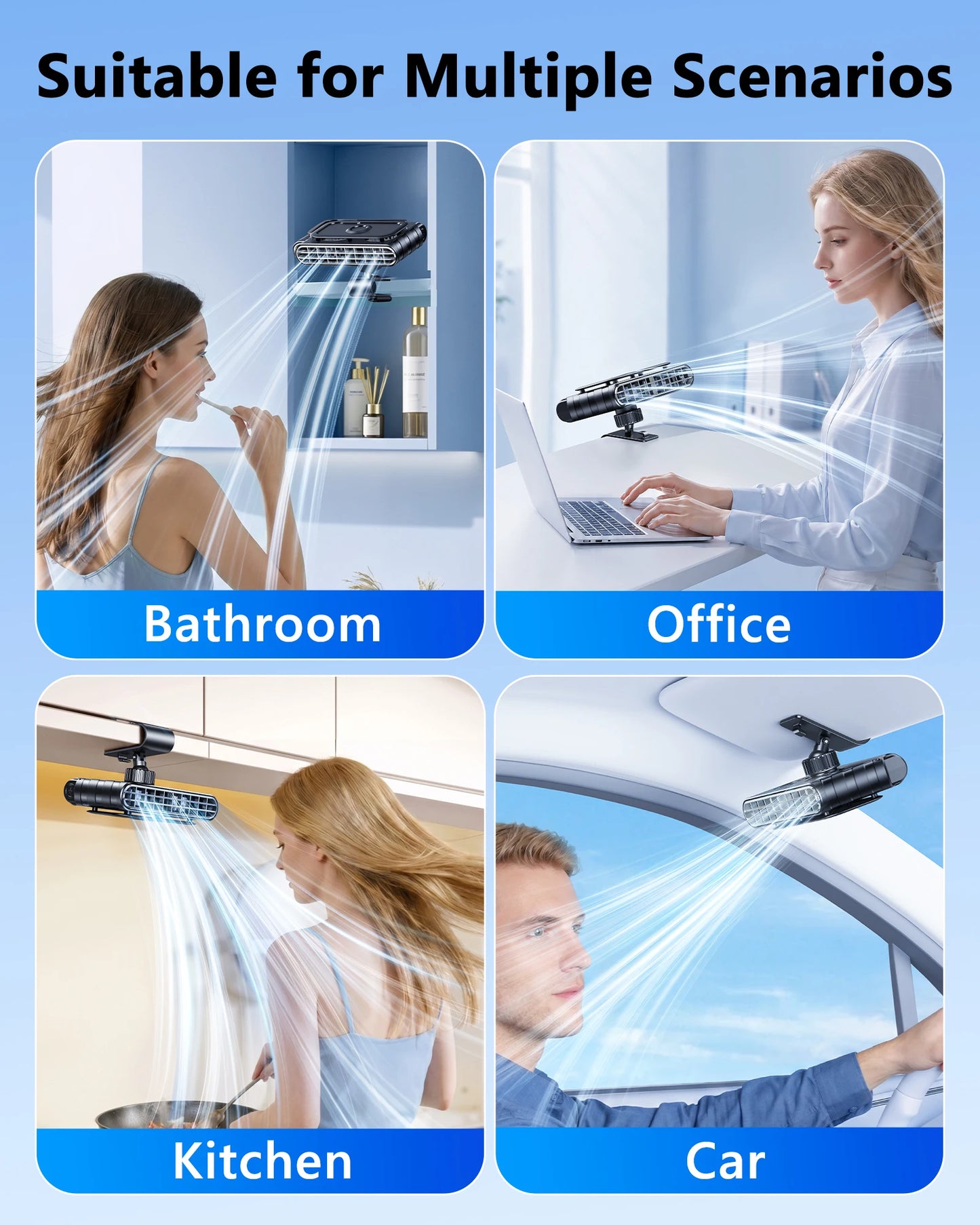 Eary Wireless Car Clip Fan for Sun Visor 3000mAh Rechargeable Portable Fan 360° Rotate 5 Speeds USB Cooling Clamp Cooler for SUV