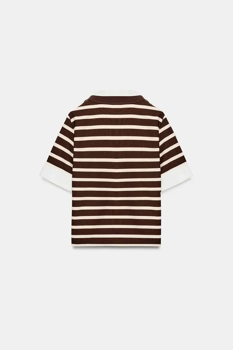 Spring New Women's Short Sleeve  Shirt Neck Splicing Stripe Pattern Casual Loose Fit Polyester Fiber Creative Design