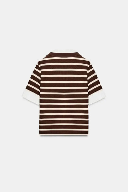 Spring New Women's Short Sleeve  Shirt Neck Splicing Stripe Pattern Casual Loose Fit Polyester Fiber Creative Design