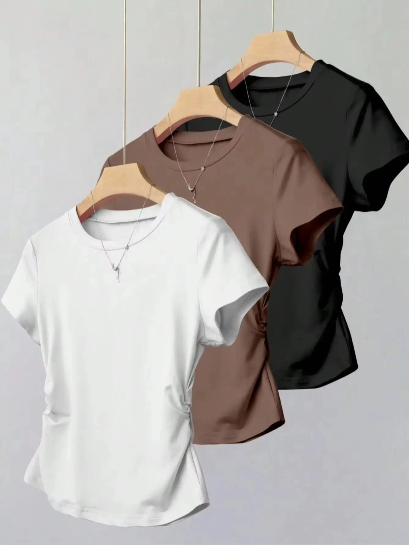 Women 3 Pack Solid Color T-Shirt Casual Ruched Side Crew Neck Short Sleeve Slim Fit Top Set