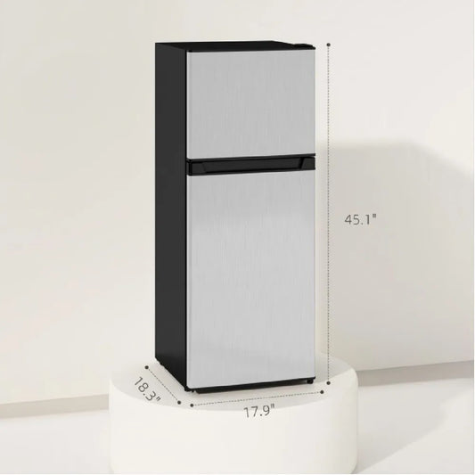 4 Cu.Ft Mini Fridge with Freezer, 2-Door Compact Refrigerator, 115V, 45.1" H, Stainless Steel, for Dorm, Office, Apartment