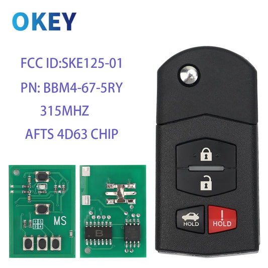 Okey Remote Flip Car Key 315Mhz 4D63 AFTS Chip For Mazda 2 3 5 6 8 CX-7 CX-9 MX-5 BGBX1T478 SKE125-01 Fob 3/4 Buttons