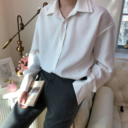 Double Collar Long Sleeve Shirt Men White Shirt Vintage Wine Red Shirts Men Korean Comfortable Blouse Casual Loose Lapel Shirt