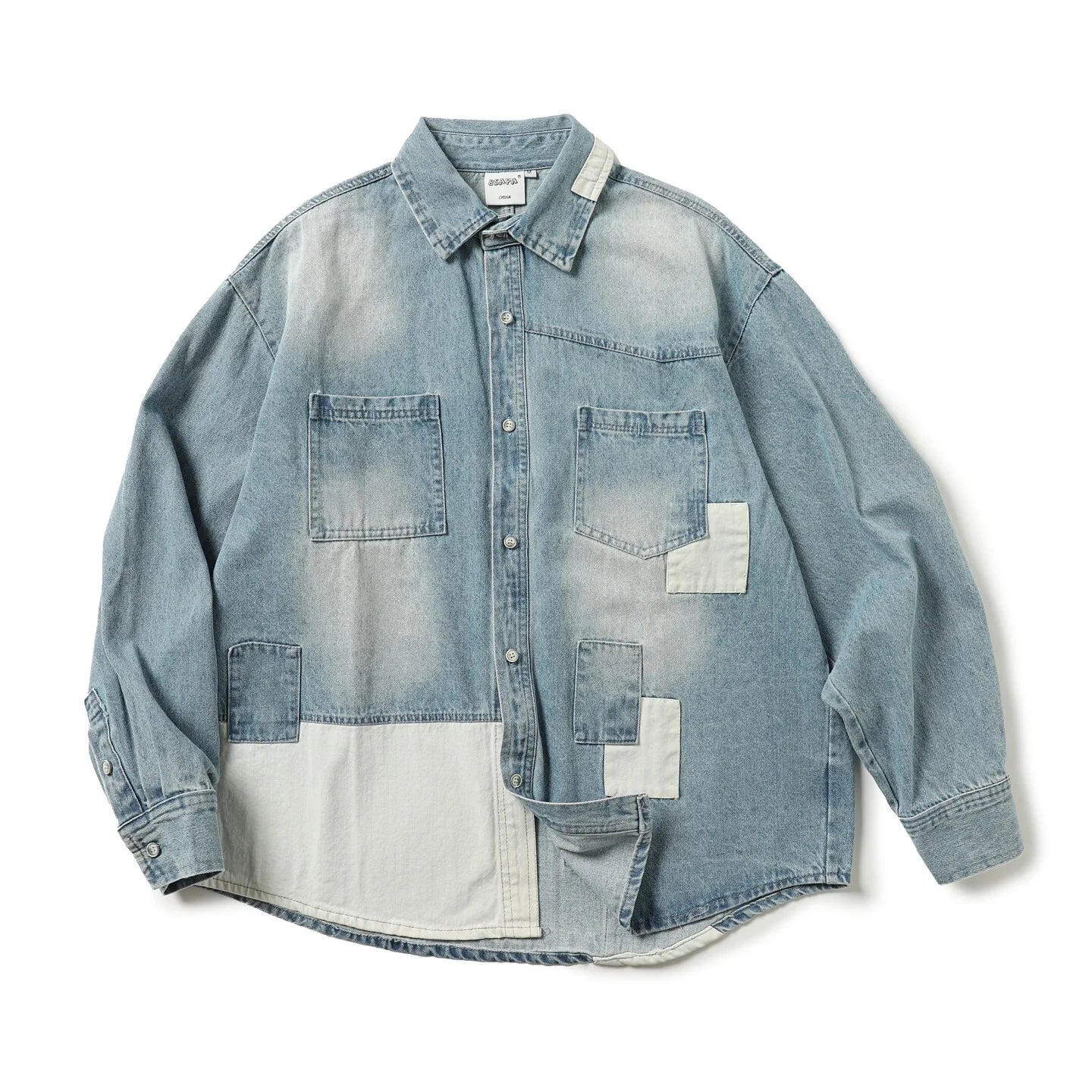 Japanese Retro Made Denim Shirt with Old Stickers Spring Long Sleeved Casual Top for Men and Women