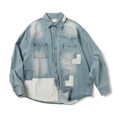 Japanese Retro Made Denim Shirt with Old Stickers Spring Long Sleeved Casual Top for Men and Women