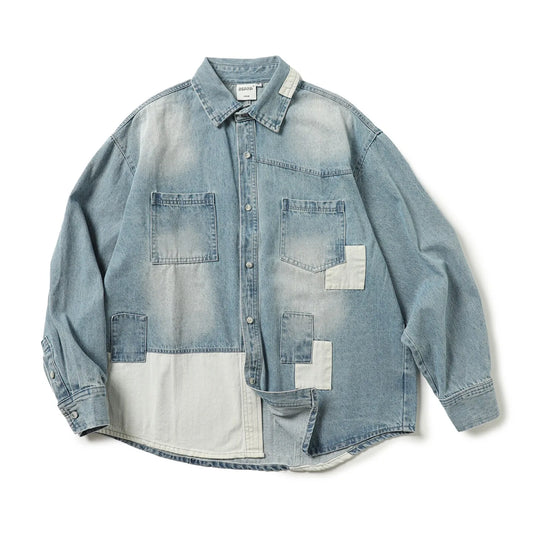 Japanese Retro Made Denim Shirt with Old Stickers Spring Long Sleeved Casual Top for Men and Women