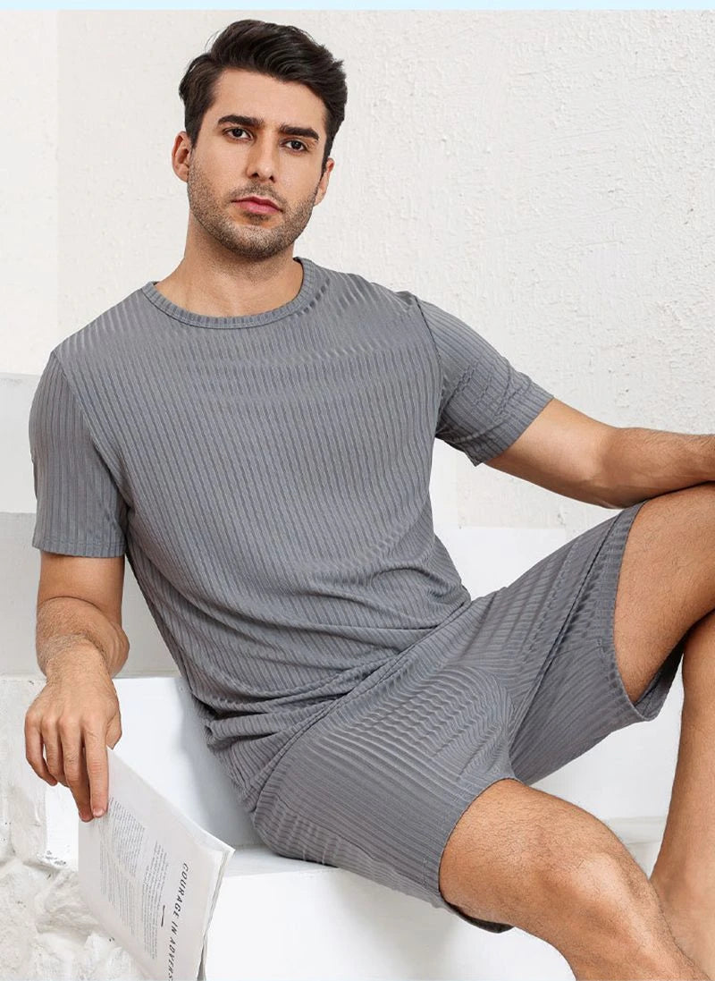 Men's Trendy Pajama Set Solid Short Sleeve And Shorts Breathable Lightweight Fabric Ideal For Casual Attire And Sports Wear Pjs