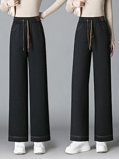 High Waist Fleece Lined Thick Wide Leg Jeans Women's Casual Straight Leg Pants Autumn Winter Loose Fit Comfortable Trousers