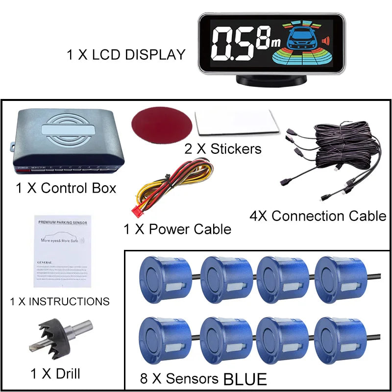 8 Radar Parking Sensor Kit Backlit LED Display Parktronic Backup Detector Assistant Car Parking System