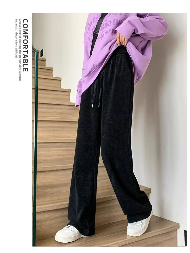 plus Size Women's Casual High Waist Thin Wide Leg Pants Spring Autumn Straight Cut Long Trousers Comfortable Slimming Effect