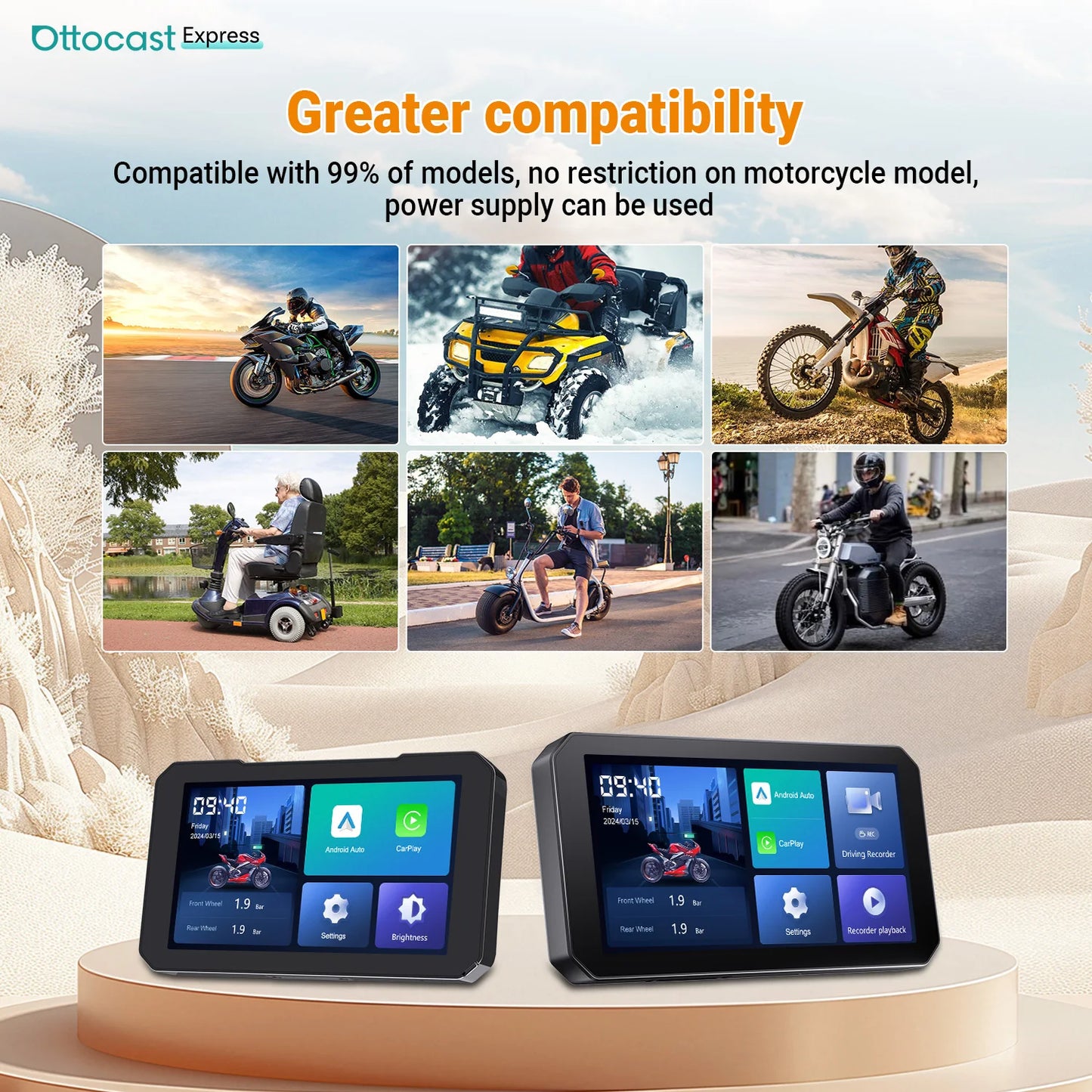 Ottocast Express Motorcycle Display 6.0 inch IP67 Waterproof GPS Wireless Carplay Android Auto DVR Drive Recorder Moto Monitor