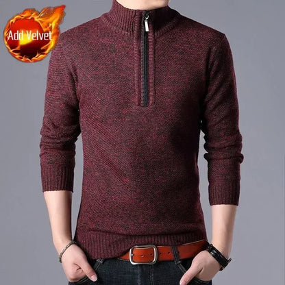 Knit Sweater Male Zipper Plaid Men's Clothing Cardigan Hoodies Zip-up Thick Winter Red Tops Jumpers Casual Stylish Hot Cheap A