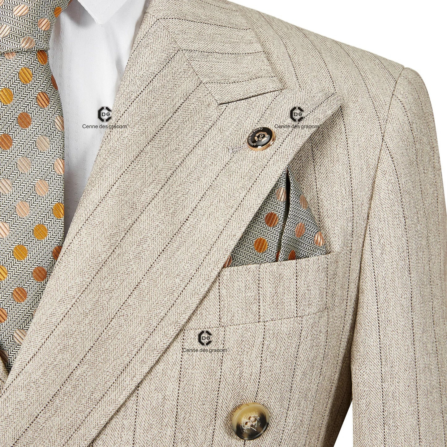 Cenne Des Graoom 2024 Double-Breasted Khaki Stripe Suits for Men Tailor-Made 2 Piece Set Jacket Pants Business Meeting Wedding