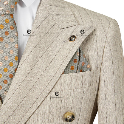 Cenne Des Graoom 2024 Double-Breasted Khaki Stripe Suits for Men Tailor-Made 2 Piece Set Jacket Pants Business Meeting Wedding