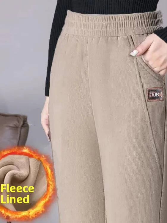 High Waist Thickened Fleece Women's Pants Autumn Winter Casual Loose Mom Pants Harlan Style Pocket Detail Elastic Waist