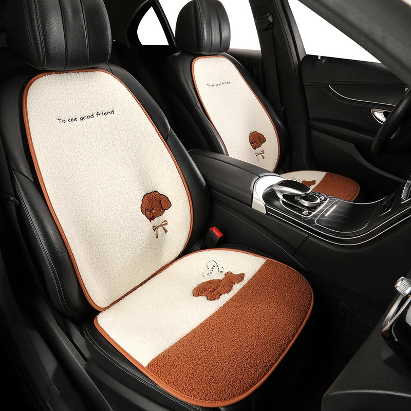 5 Seats Funny Puppy Car Seat Cover Fleece Fabric PU Leather Warm Comfortable Quick Installation Fits Most Cars