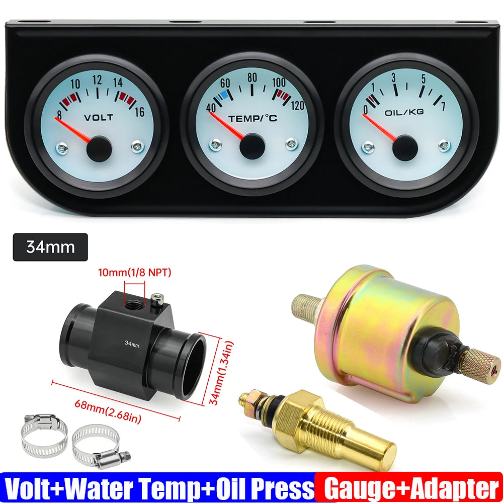 3IN1 Triple Meter Kits Gasoline Car 12V 52mm Voltage+Water Temp+Oil Pressure Gauge with Sensor Radiator Hose Adapter 26MM-40MM