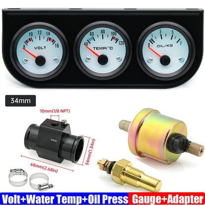 3IN1 Triple Meter Kits Gasoline Car 12V 52mm Voltage+Water Temp+Oil Pressure Gauge with Sensor Radiator Hose Adapter 26MM-40MM