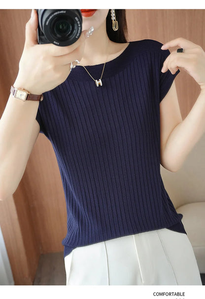 Ice Silk Knitted Top Women Loose Spring Summer New Style Thin Short Sleeve One Shoulder T-Shirt Breathable Comfortable Casual...