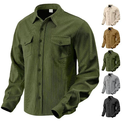 Men's Corduroy Button Down Shirt Casual Long Sleeve Work Shacket with Chest Pockets Fall Winter Fleece Lined Top
