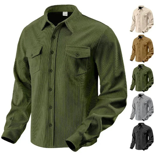 Men's Corduroy Button Down Shirt Casual Long Sleeve Work Shacket with Chest Pockets Fall Winter Fleece Lined Top