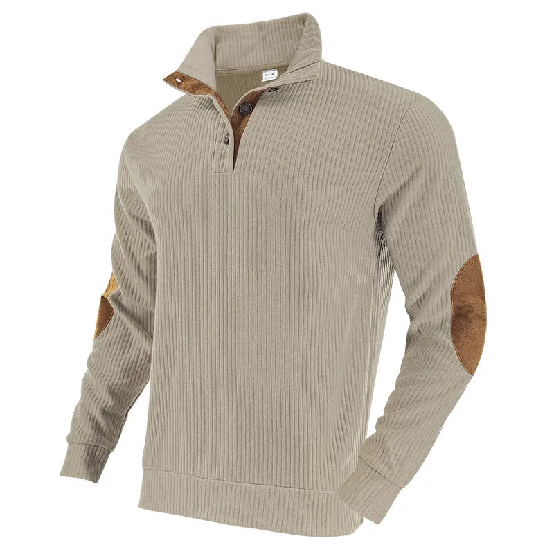 Men's Ribbed Henley Sweater Half Zip Pullover with Elbow Patches Stand Collar Long Sleeve Casual Retro Autumn Top