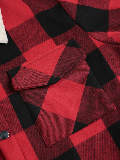 Men's Red Black Plaid Fleece Collar Flannel Shirt Jacket Autumn Winter Thick Warm Casual Coat